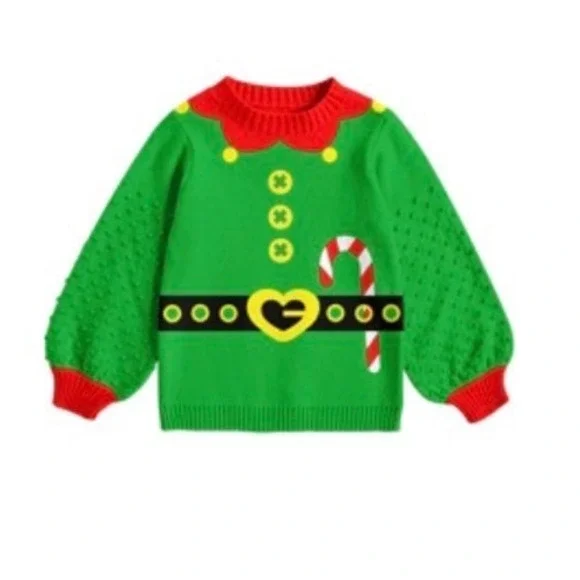 Unbranded Green Elf Christmas Sweater Kids Size 7 Popcorn Sleeve Holiday Knit - Picture 1 of 7